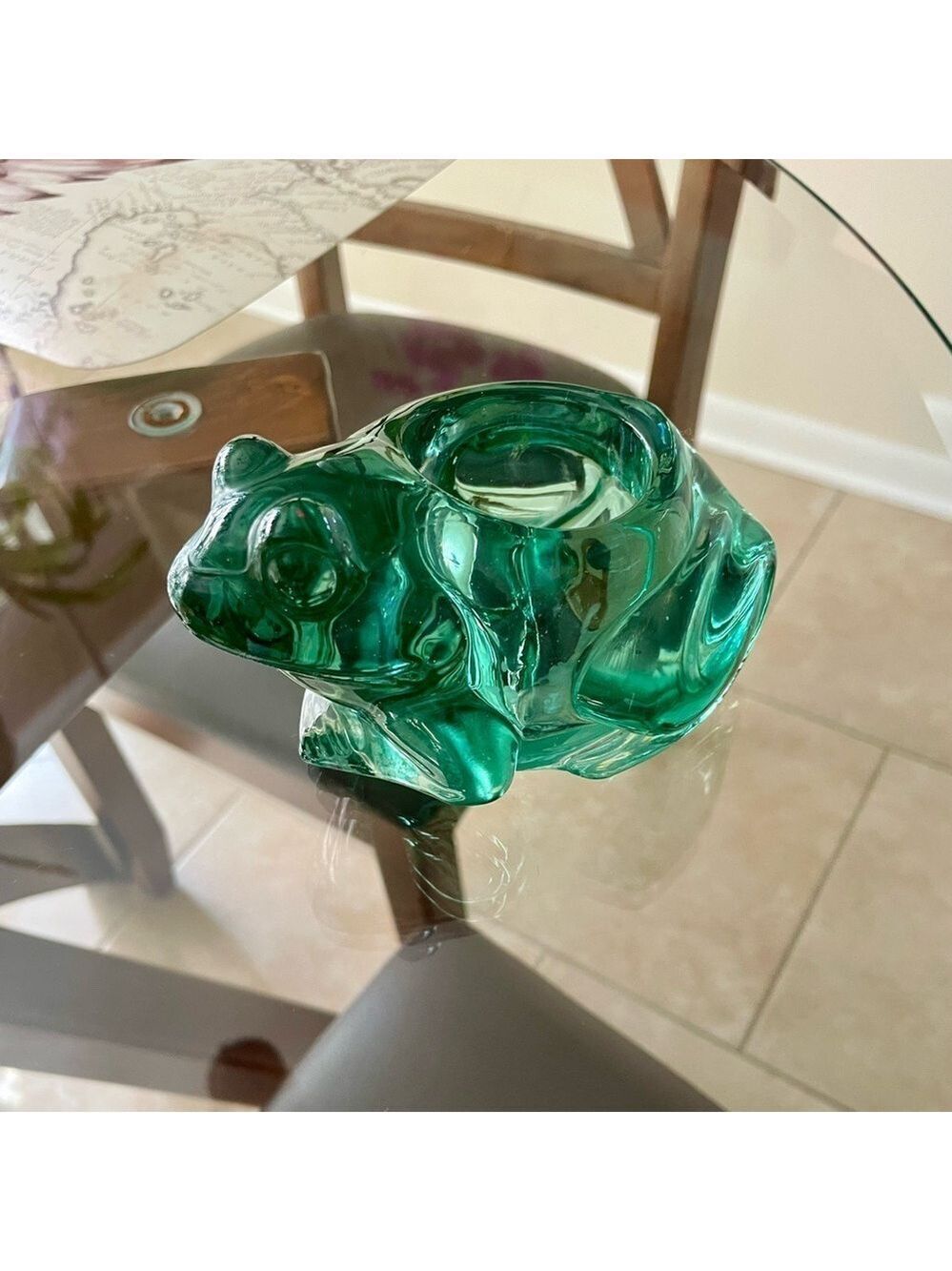 Vintage Indiana Glass Frog, Candle Holder Heavy and Clear Green, Smooth Glossy